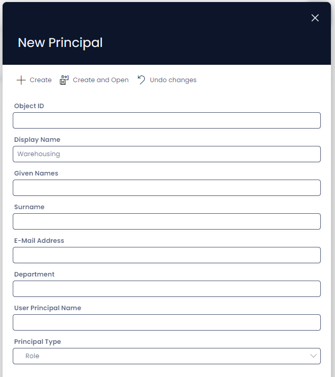 Example creating a new Role with Display Name and Type filled